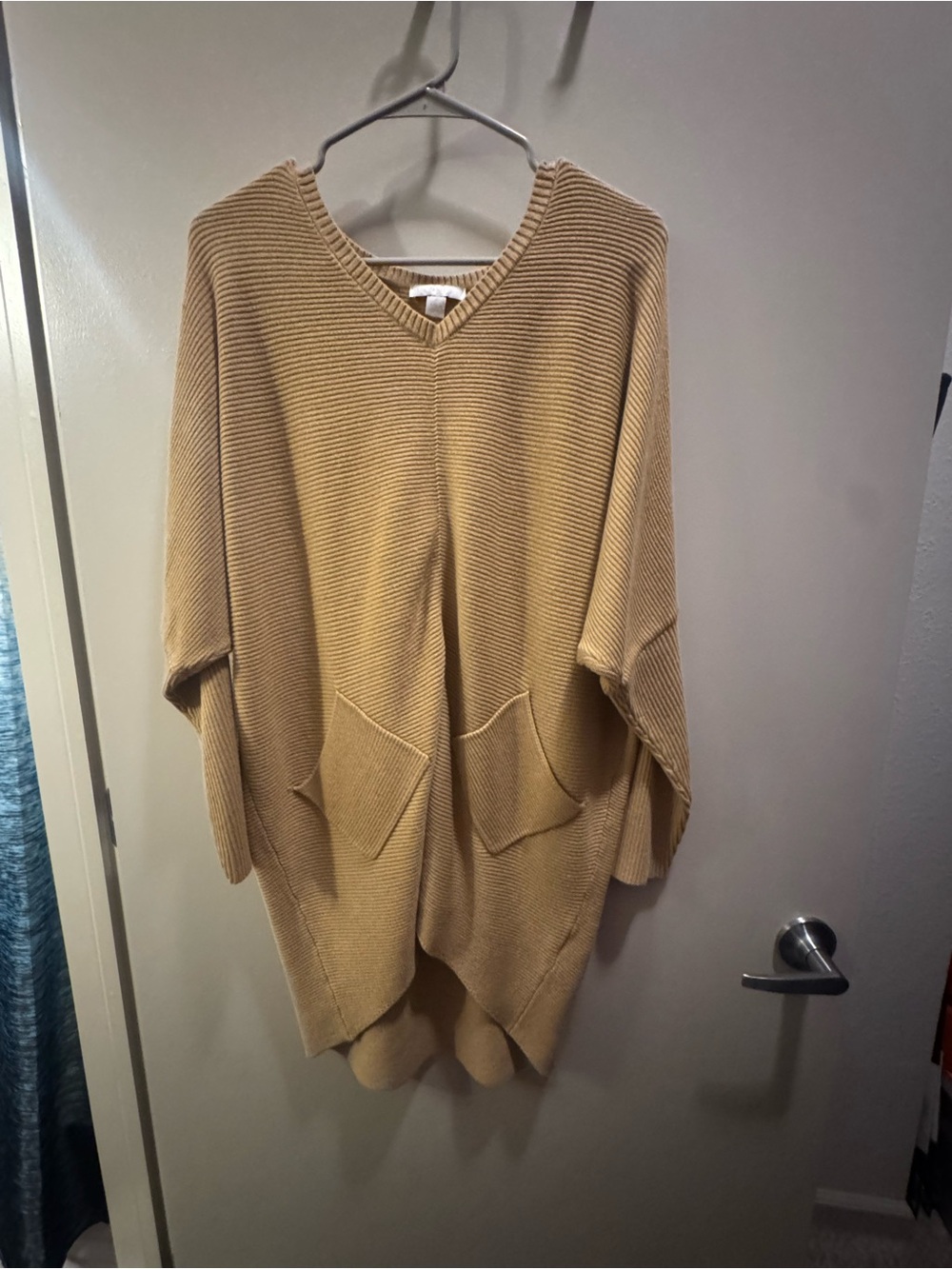 New York & Company Camel V-Neck Oversized Pocket Sweater